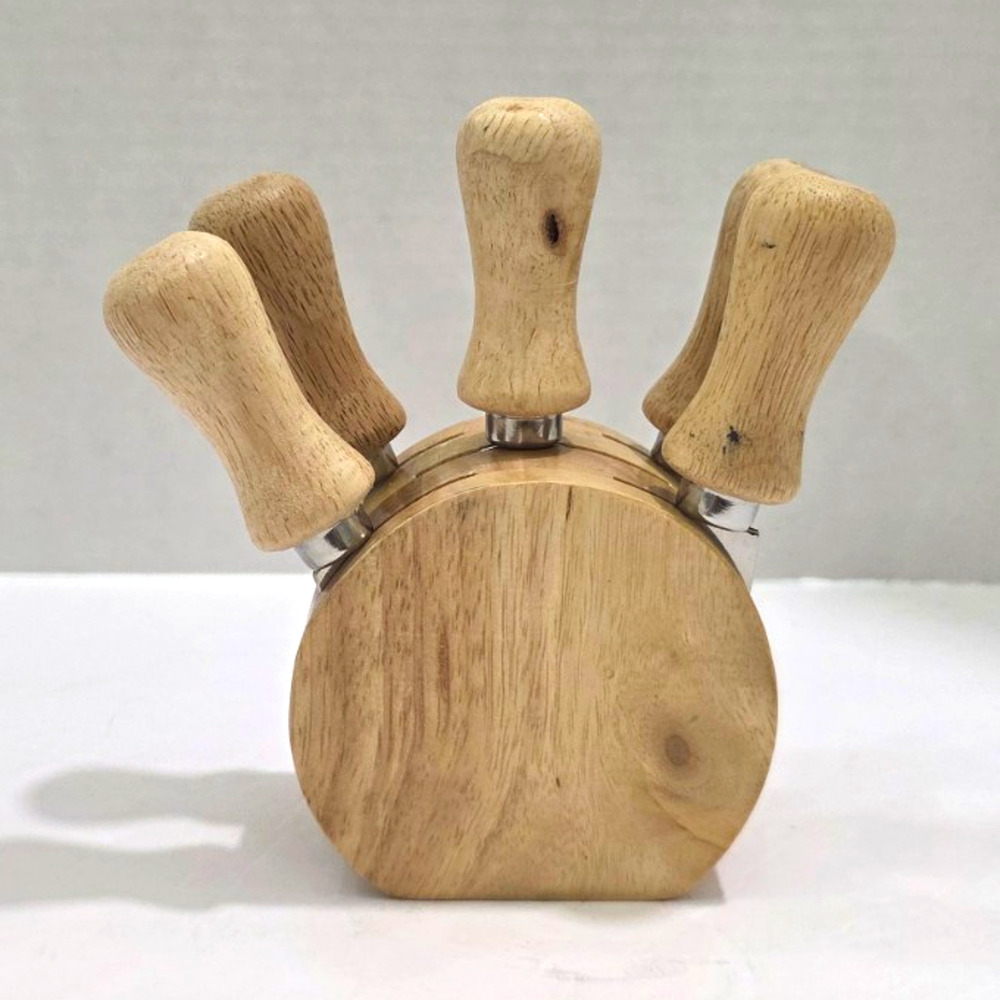 5 Pc Cheese Knife Serving Tool Set Wood Handles Stainless Steel Wooden Block